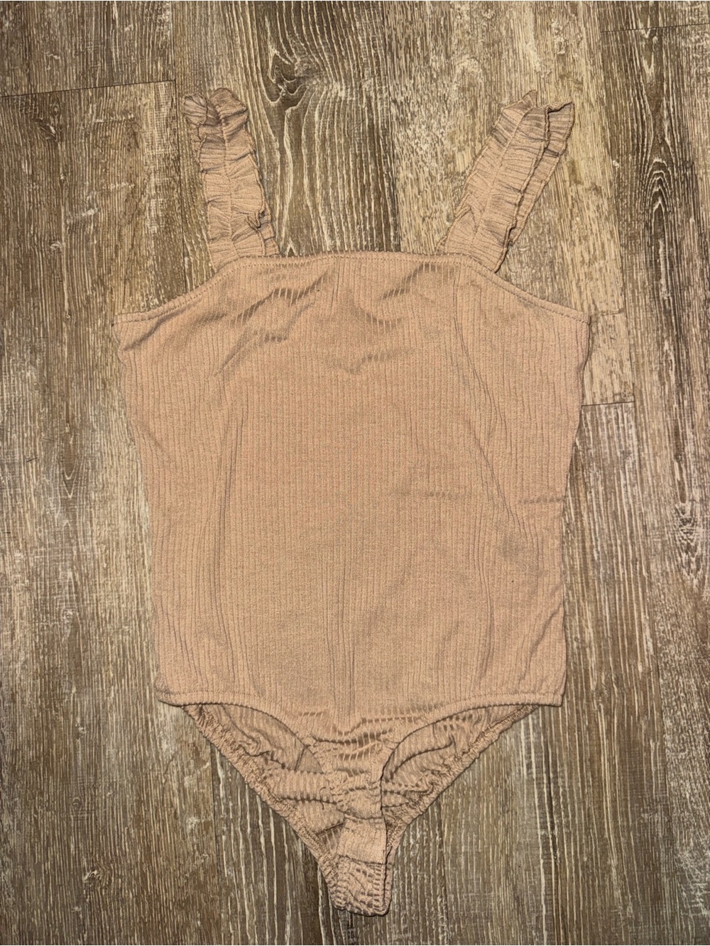 Listicle Tan Ribbed Ruffle-Strap Bodysuit